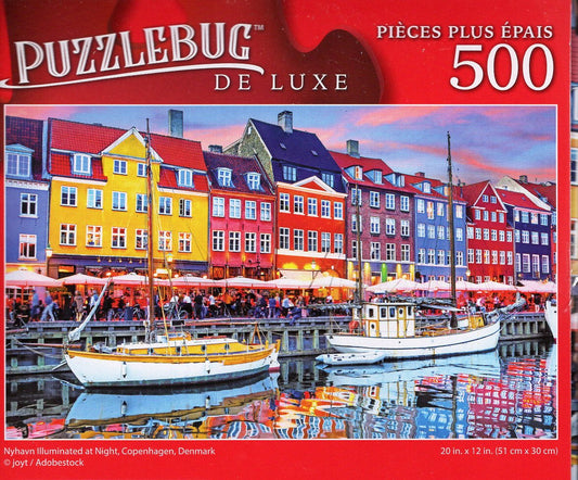 Nyhavn Illuminated at Night, Copenhagen, Denmark - 500 Deluxe Jigsaw Puzzle