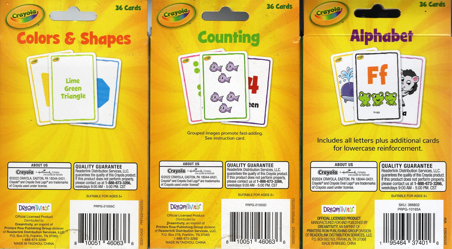 Crayola - Colors, Counting, Alphabet - (36 each) Flash Cards (Set of 3)