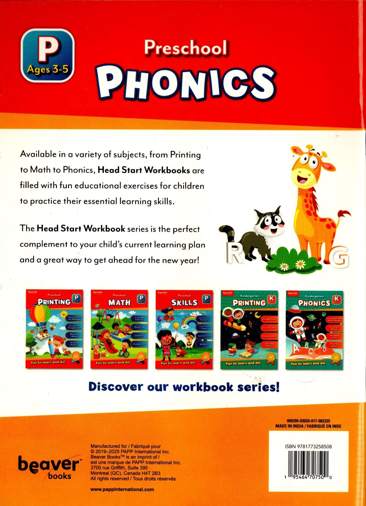 Beaver Pre-School Educational Workbooks - Phonics, Printing, Skills (Set of3)