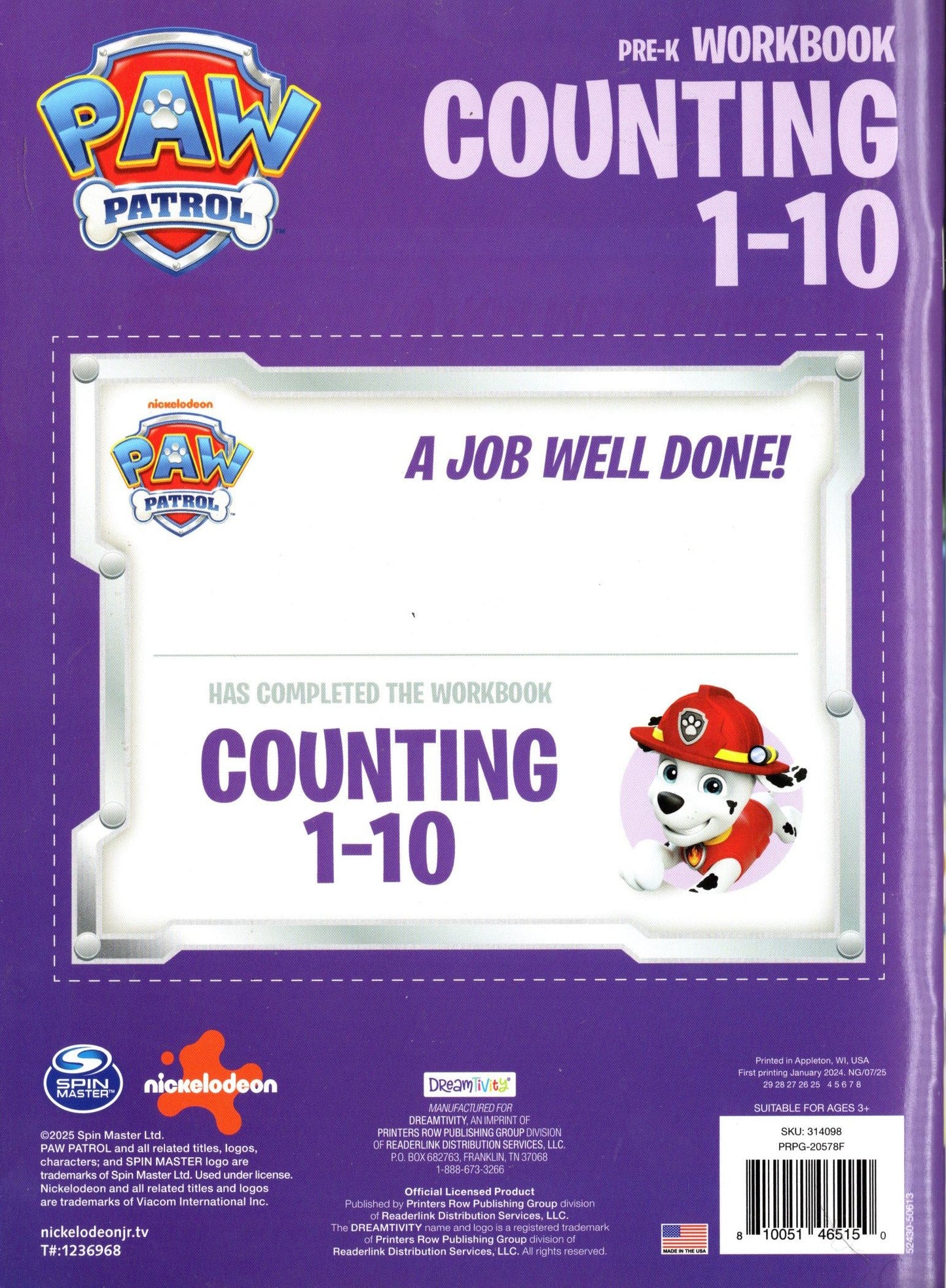 PAW Patrol Counting 1-10 Pre-K Workbook Educational Learning Activity Book