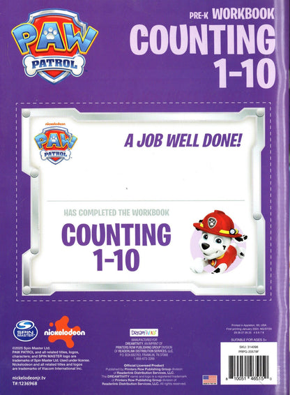 PAW Patrol Counting 1-10 Pre-K Workbook Educational Learning Activity Book
