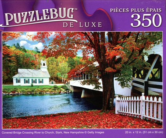 Covered Bridge Crossing River to Church, Stark, New Hampshire - 350 Pieces Deluxe Jigsaw Puzzle