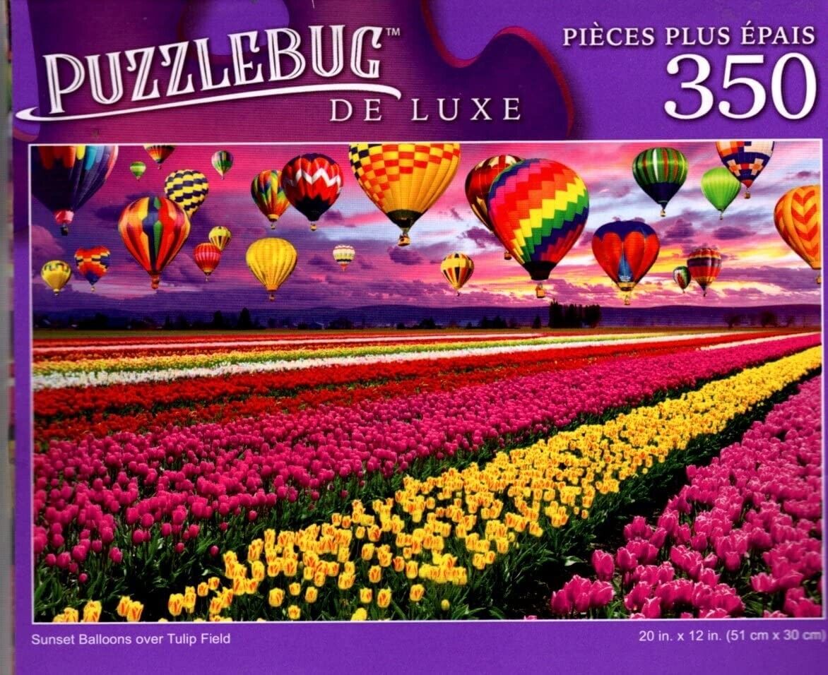 Sunset Balloons Over Tulip Field - 350 Pieces Deluxe Jigsaw Puzzle