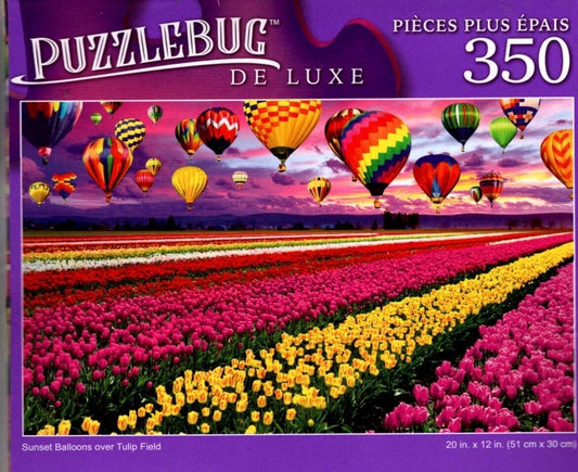 Sunset Balloons Over Tulip Field - 350 Pieces Deluxe Jigsaw Puzzle