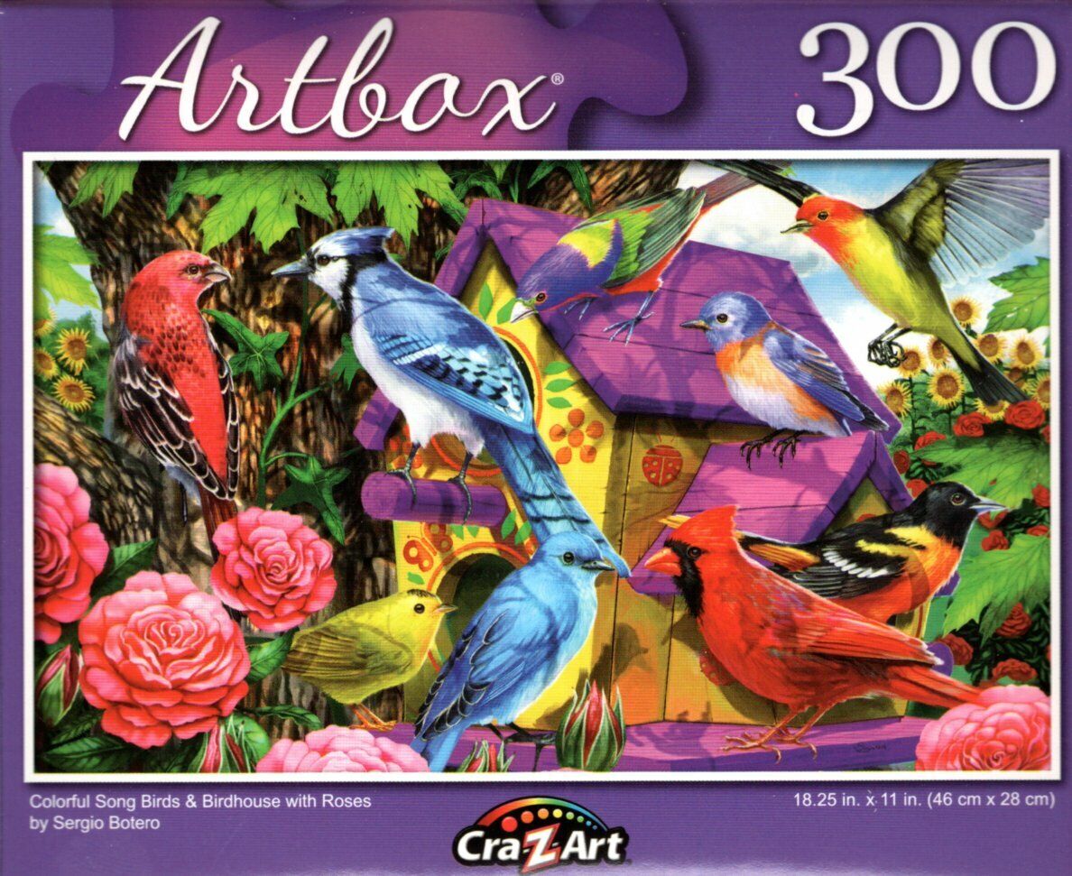 Colorful Song Birds & Birdhouse with Roses - 300 Pieces Jigsaw Puzzle