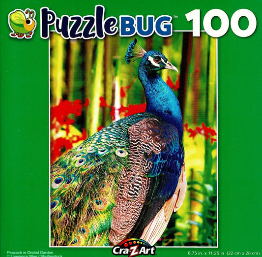 Peacock in Orchid Garden - 100 Pieces Jigsaw Puzzle