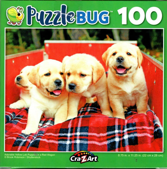 Adorable Yellow Lab Puppies in a Red Wagon - 100 Pieces Jigsaw Puzzle
