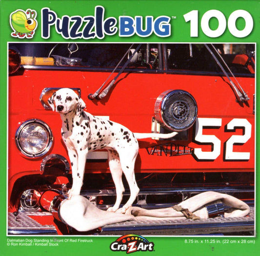 Dalmatian Dog Standing in Front of Red Firetruck - 100 Pieces Jigsaw Puzzle