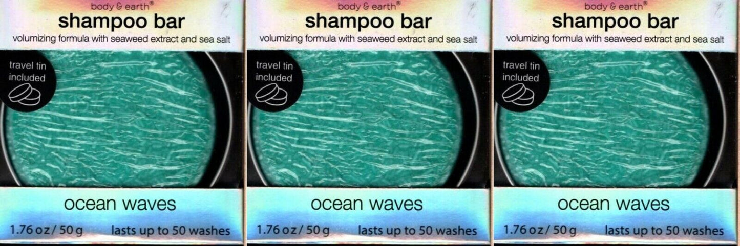 3 - Body & Earth Shampoo Bars Ocean Waves W/Travel Tin Up To 50 Washes Each NIB