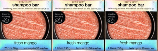 Body & Earth Shampoo Bar 1.76 oz Fresh Mango ~ With Travel Tin (Set of 3 Pack)