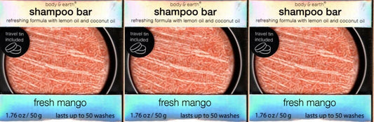 Body & Earth Shampoo Bar 1.76 oz Fresh Mango ~ With Travel Tin (Set of 3 Pack)