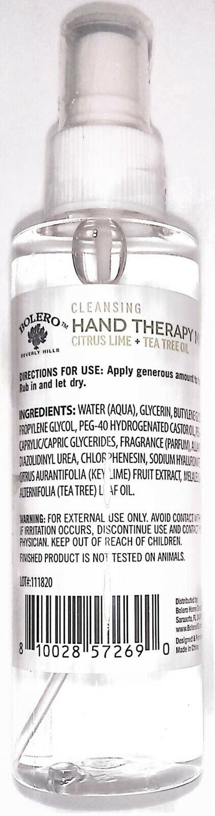 Bolero Cleansing Alcohol - Free Hand Therapy Mist Citrus Lime + Tea Tree Oil 5fl