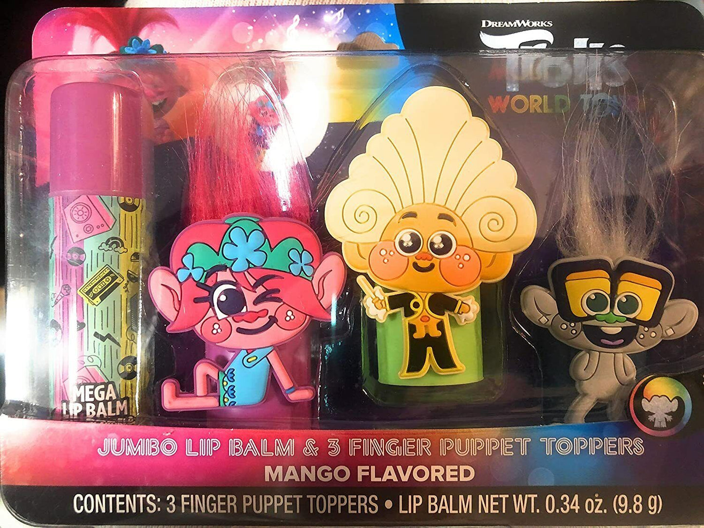 Dreamworks Trolls World Tour Jumbo Lip Balm 3 Finger Puppet Toppers Mango Flavor