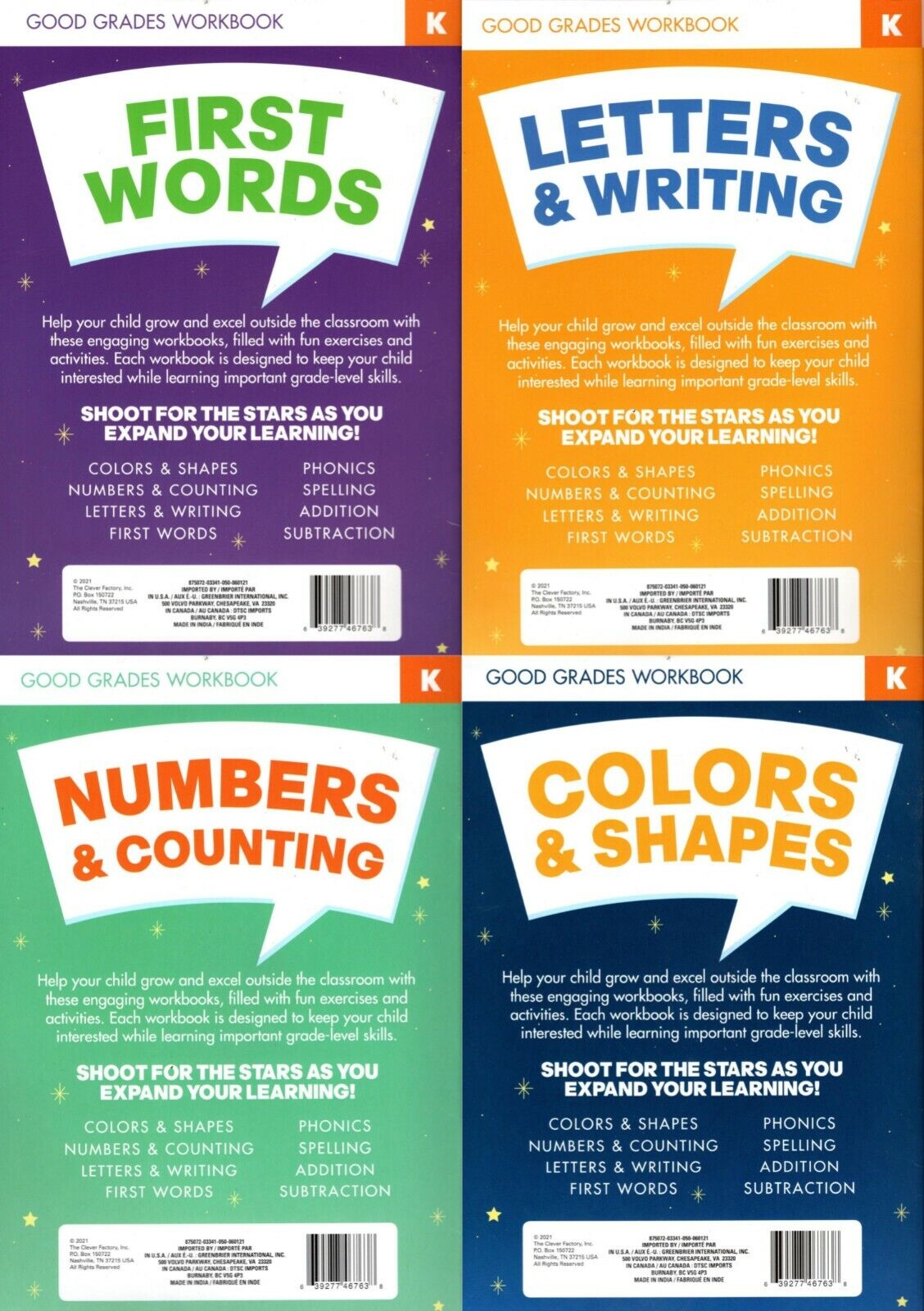 Workbooks Numbers & Counting, Colors & Shapes, Letters & Writing, First Words