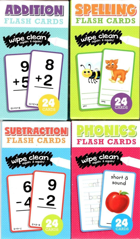 Learning Educational Flash Cards (Wipe Clean Again & Again) - (Set of 4 Pack)