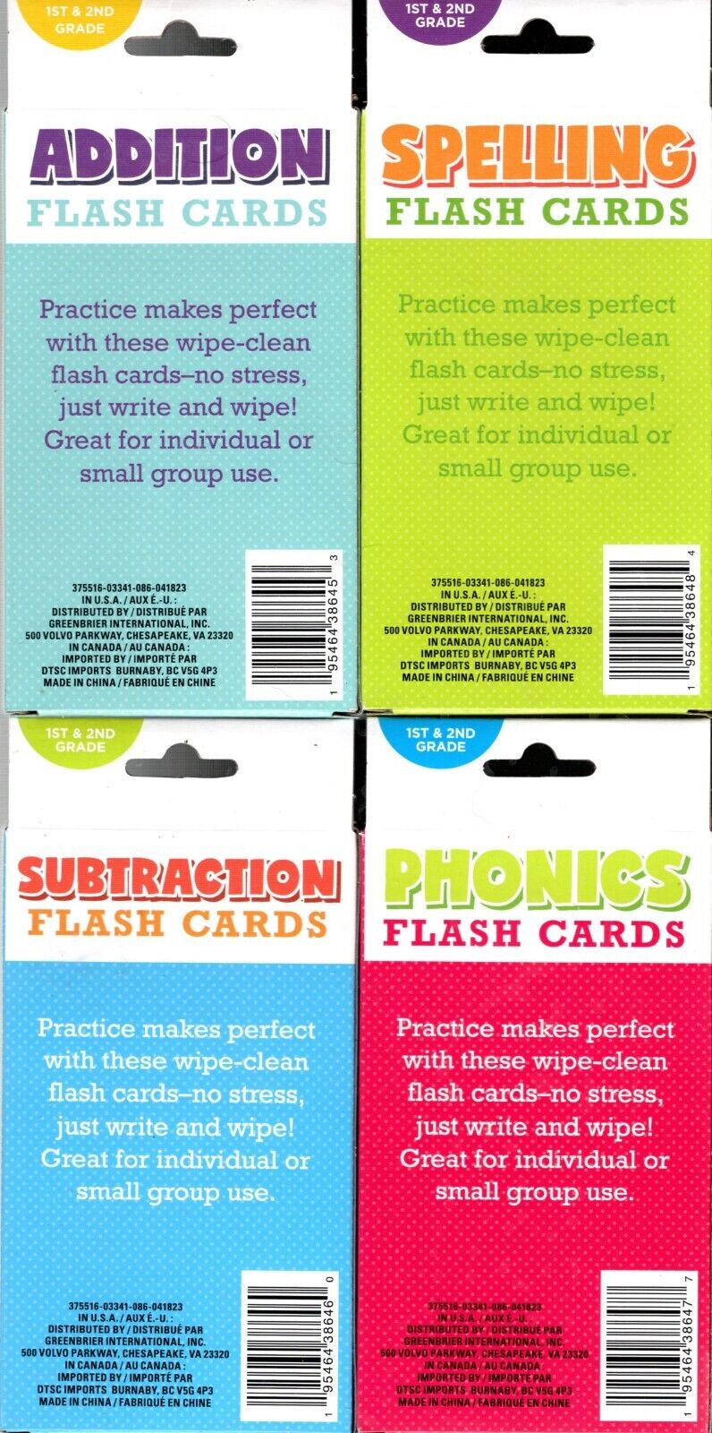 Learning Educational Flash Cards (Wipe Clean Again & Again) - (Set of 4 Pack)