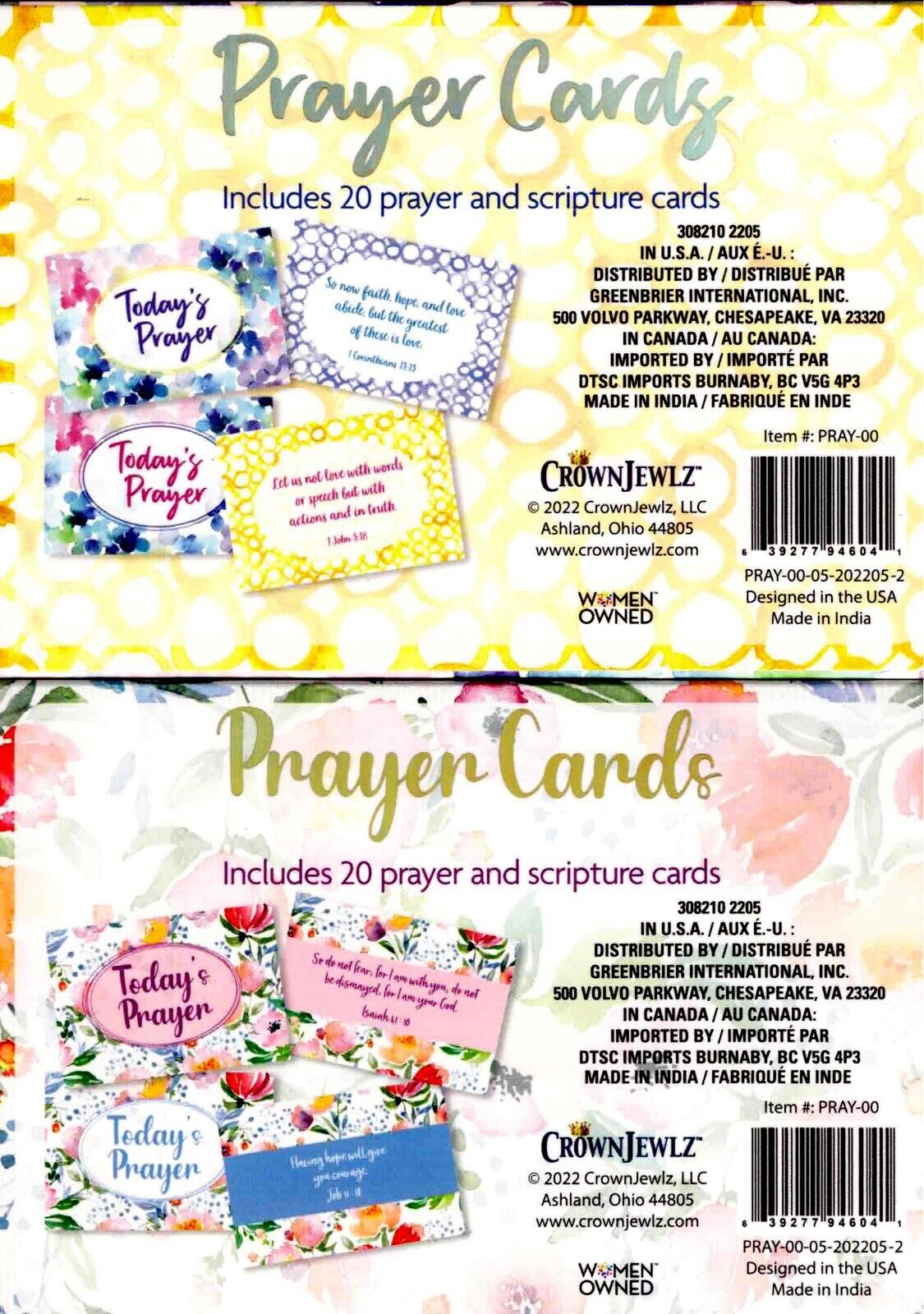 CrownJewlz Christian Floral Prayer Cards, 2 Assorted Sets (20 ct each) v4