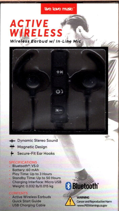 Active Wireless Earbuds w/ In-line Mic (Bluetooth) Dynamic Stereo NEW