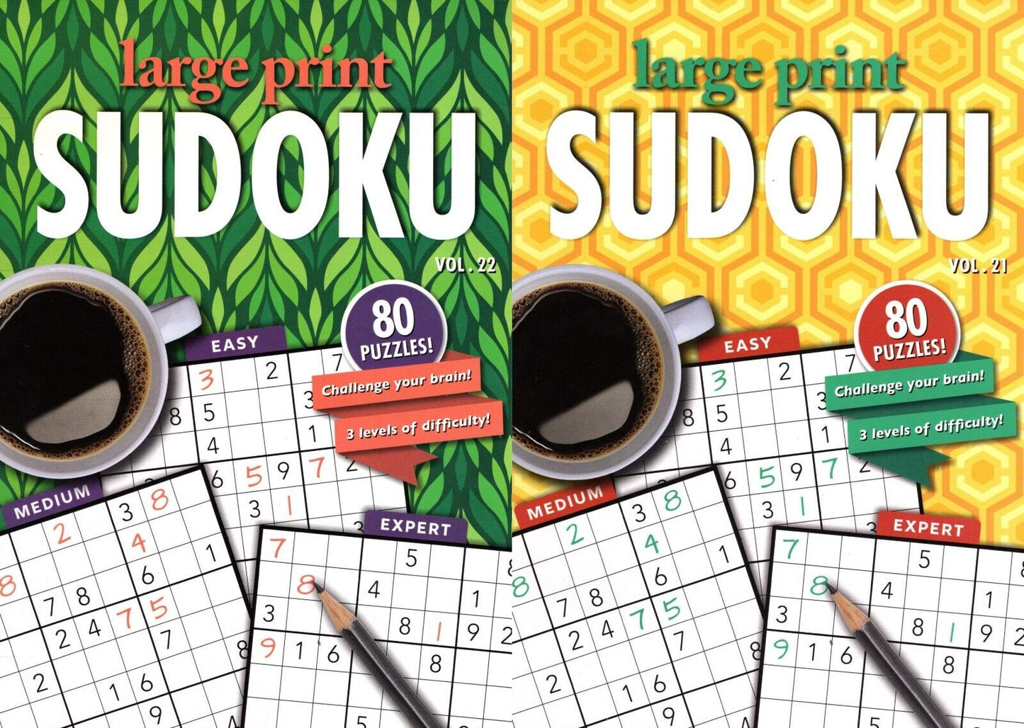 Large Print Sudoku Puzzle - Easy - Medium - Expert - Vol. 21 - 22 (Set of 2)