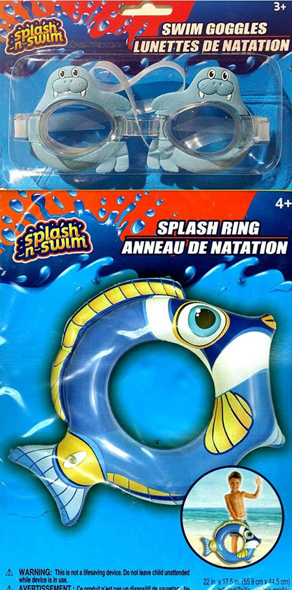 Splash-N-Swim - 22"x17.5" Swimming Ring + Swim Goggles - Swim Time Fun! (2 Pack)