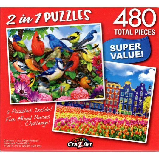 Friendly Birds / Traditional Old Buildings - Total 480 Piece 2 in 1 Puzzles