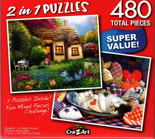 Garden Cottage / Tabby Kitten Sleeping in Bowl - 480 Piece 2 in 1 Puzzles
