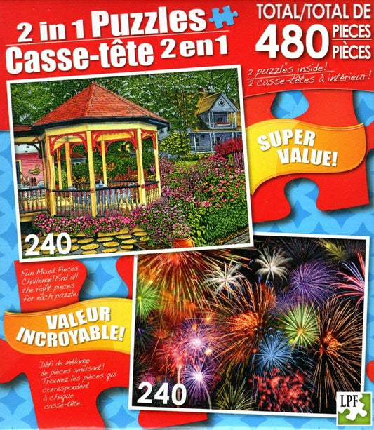 Gazebo at Chautauqua - Colorful Fireworks - Total 480 Piece 2 in 1 Puzzles