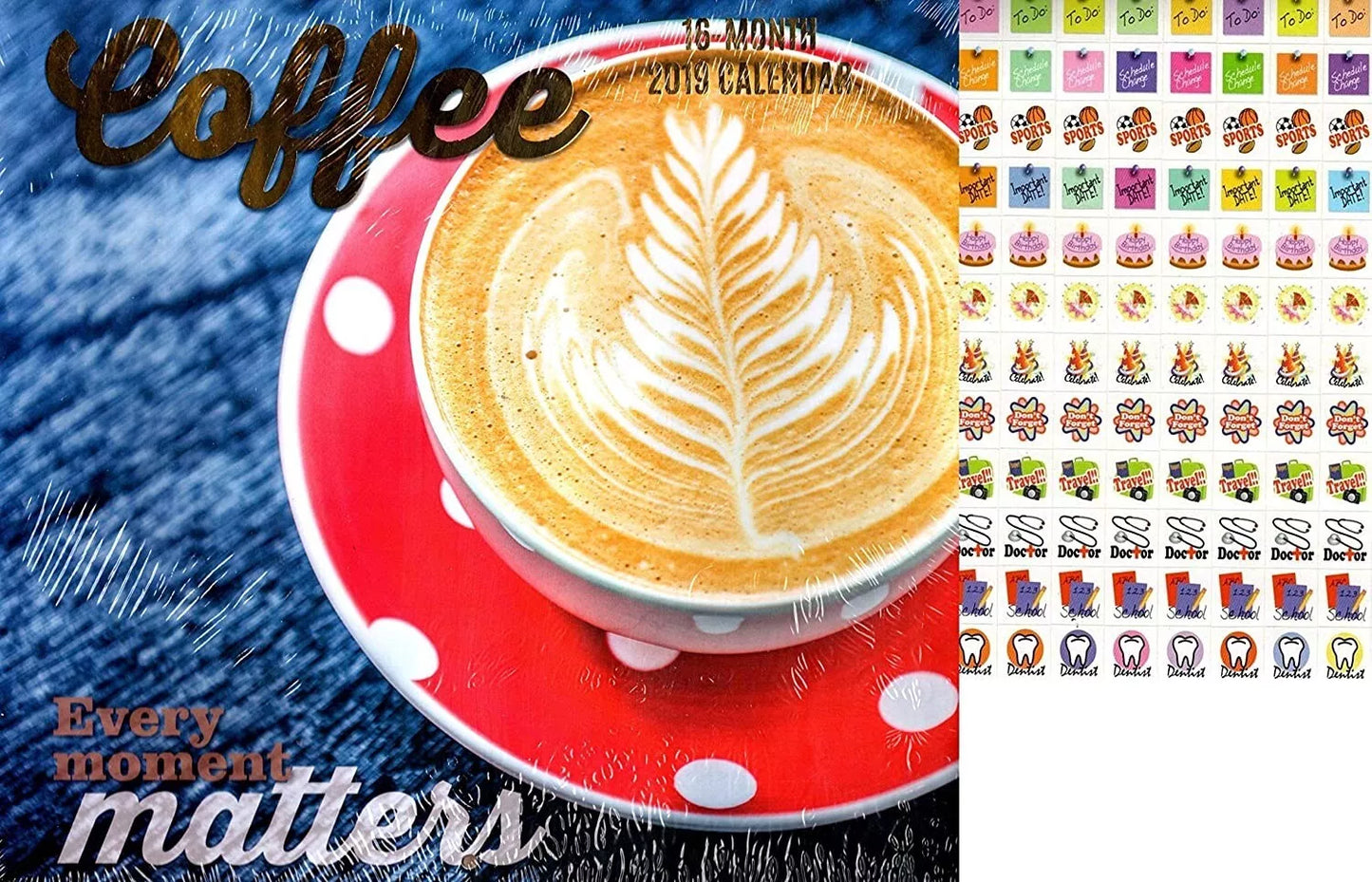 16 Month 2019 Wall Calendar - Coffee - with 120 Stickers