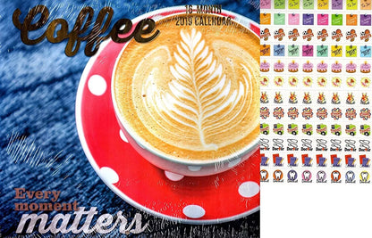 16 Month 2019 Wall Calendar - Coffee - with 120 Stickers