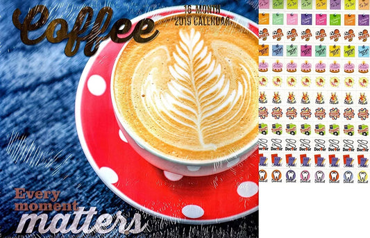 16 Month 2019 Wall Calendar - Coffee - with 120 Stickers