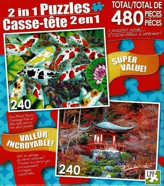 Koi Pond/Red Autumn Leaves and Temple, Japan - Total 480 Jigsaw Puzzles
