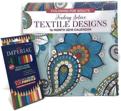 16 Month 2018 Adult Coloring Book Calendar and Color Pencils Set