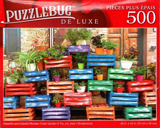 Cheerful and Colorful Wooden Crate Garden - 500 Pieces Deluxe Jigsaw Puzzle