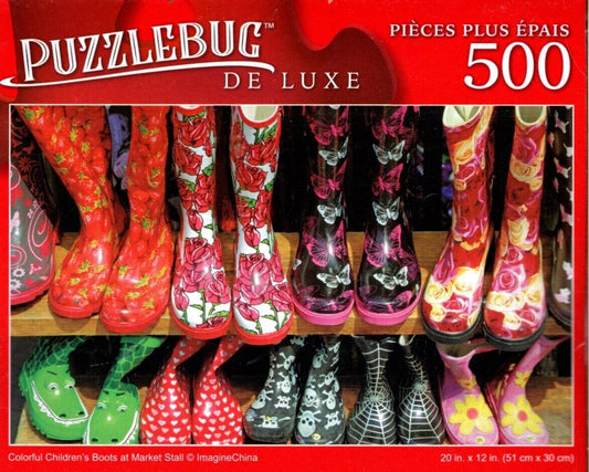 Colorful Children's Boots at Market Stall - 500 Pieces Deluxe Jigsaw Puzzle