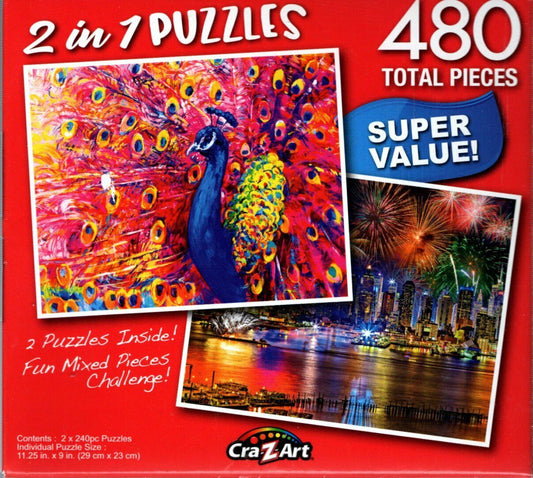 Bright Pink Peacock / Fireworks on the Hudson River - 480 Piece 2 in 1 Puzzles