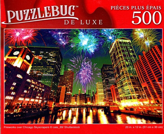 Fireworks Over Chicago Skyscrapers - 500 Pieces Deluxe Jigsaw Puzzle