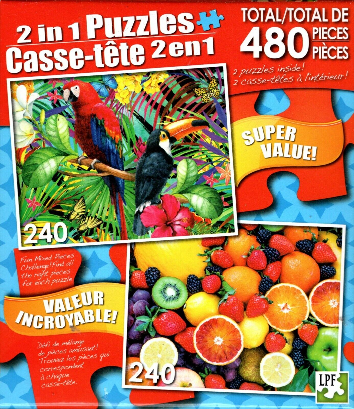 Tropical Birds / Variety of Colorful Fruit - Total 480 Piece 2 in 1 Puzzles