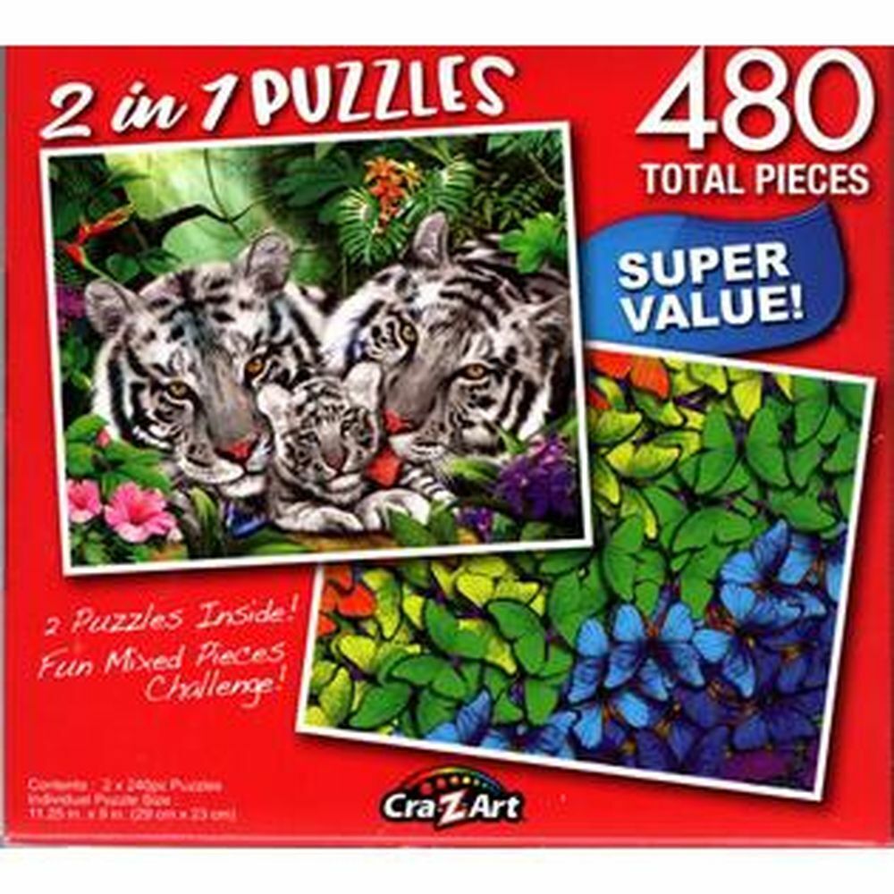 White Tiger Family / Rainbow Butterflies - Total 480 Piece 2 in 1 Jigsaw Puzzles