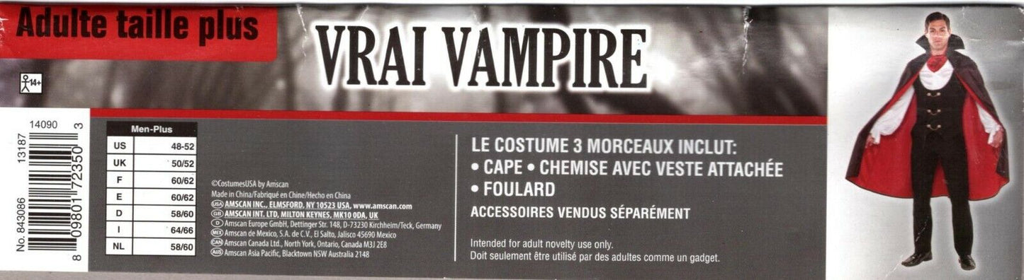 Vampire Costume True Vamp Black Halloween Party Size Adult Plus Men