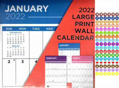 2022 16 Month Wall Calendar - Large Print Calendar - with 100 Reminder Stickers