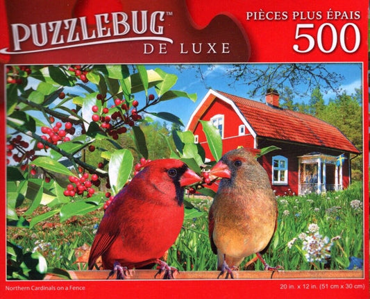 Northern Cardinals on a Fence - 500 Pieces Deluxe Jigsaw Puzzle