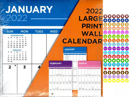 2022 16 Month Wall Calendar - Large Print Calendar - with 100 Reminder Stickers