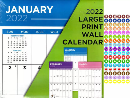 2022 16 Month Wall Calendar - Large Print Calendar - with 100 Reminder Stickers
