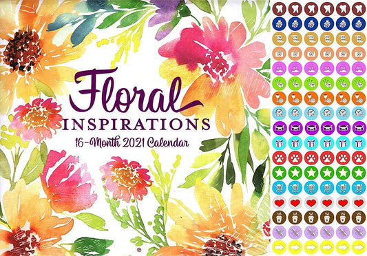 2021 16 Month Wall Calendar - Floral Inspirations - with 100 Reminder Stickers