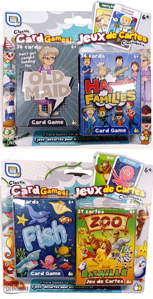 Granfix Old Maid & Happy Families + Fish & Zoo Bataille - Cards Game (Set of 4)