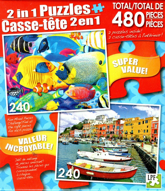 Fish School / Colorful Italy Island - Total 480 Piece 2 in 1 Jigsaw Puzzles