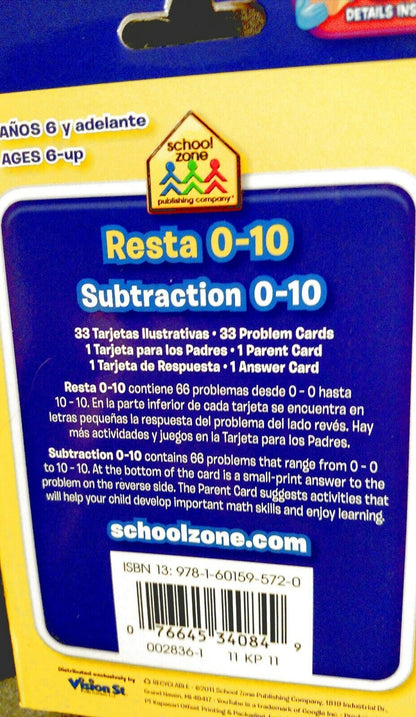 School Zone Bilingual Spanish English Subtraction (Resta) Facts 0-10 Flash Cards