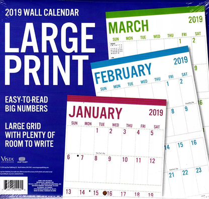 Vista Large Print - 12 Month 2019 Wall Calendar - Big Blocks Easy to Read + 120
