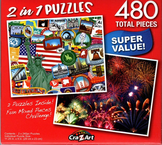American Sticker Collage / Summer Firework Festival - 480 Piece 2 in 1 Puzzles