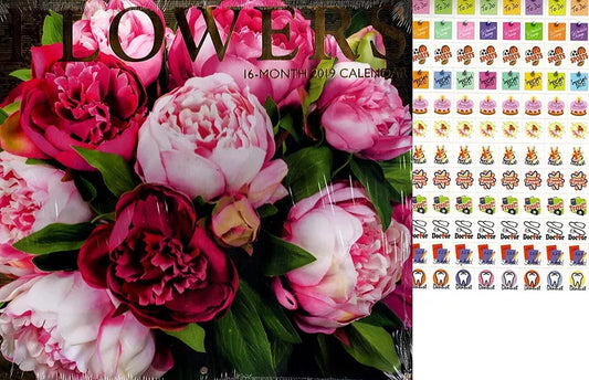 16 Month 2019 Wall Calendar - Flowers - with 120 Stickers